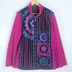 Bob Mackie Leather Wearable Art Embroidered Abstract Zip Jacket Ribbed Sleeve 1X